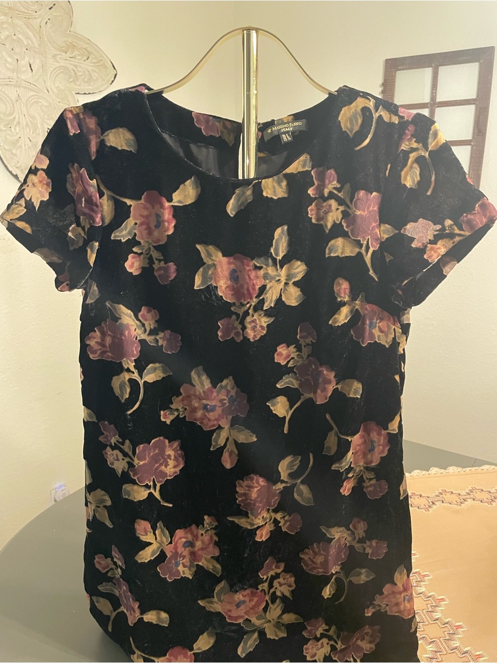 Massimo Fabbro Velvet Floral Short-Sleeve mini dress- Black, Pink & Gold Floral